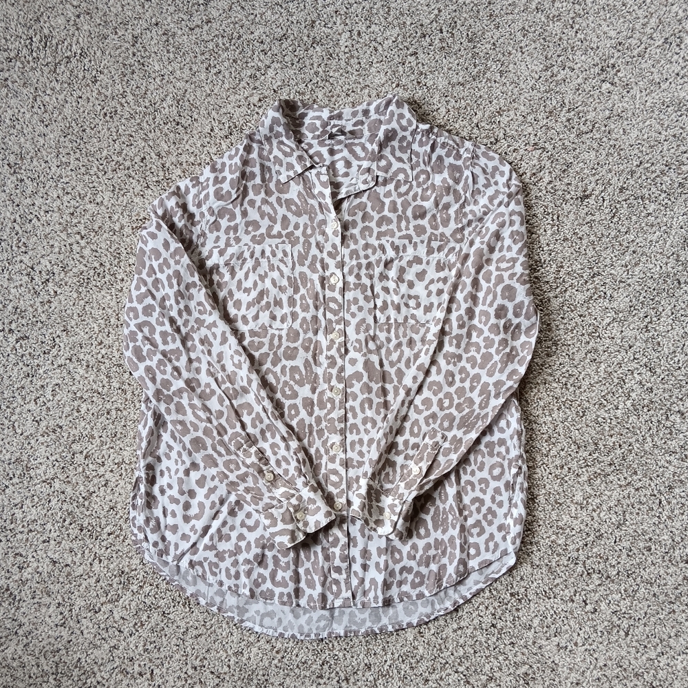 Lucky Brand Women's Sheer Button Up Leopard Animal Print In Cream And Tan M